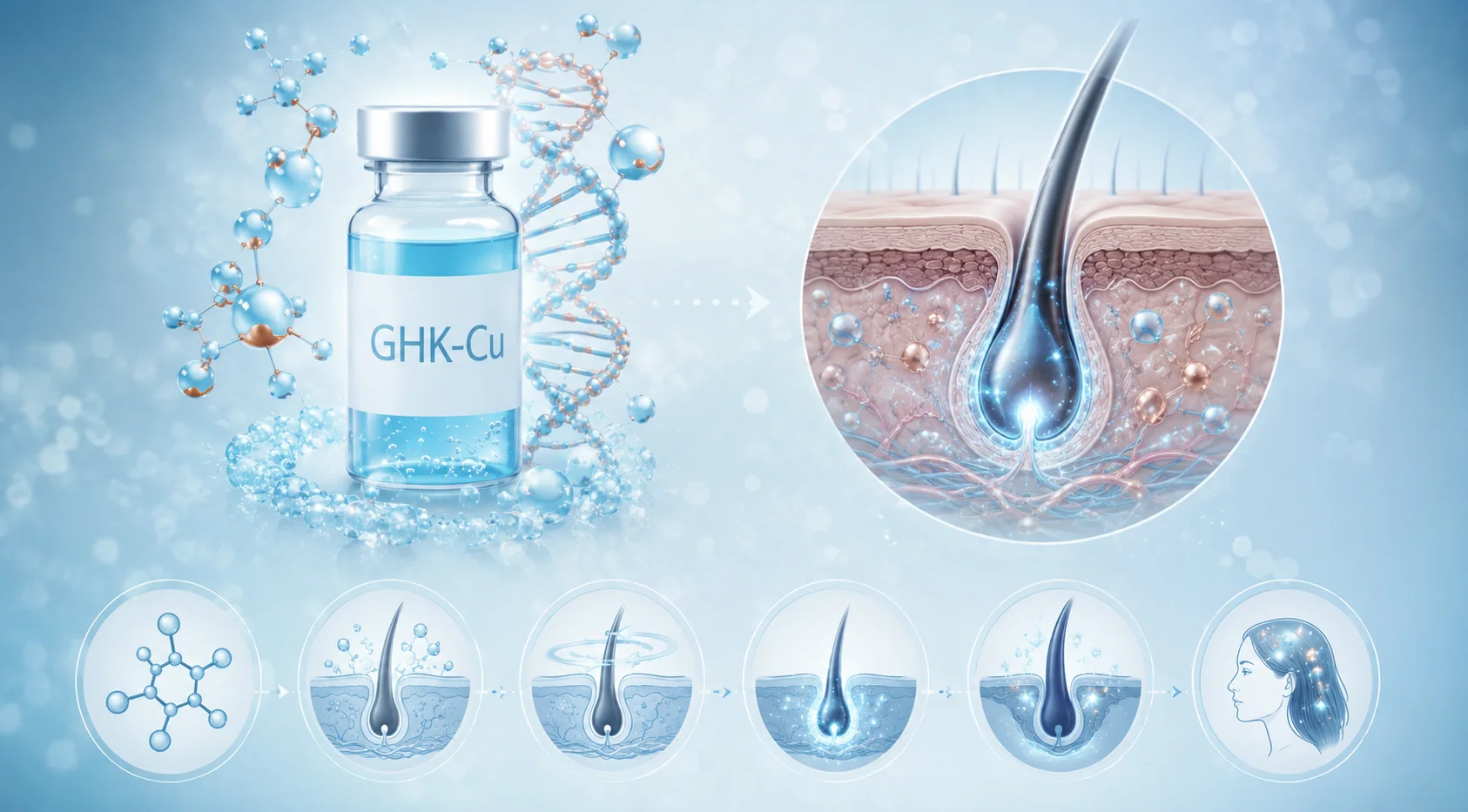 GHK-Cu serum with molecular structure and hair follicle health illustration showing enhanced root nourishment and growth.